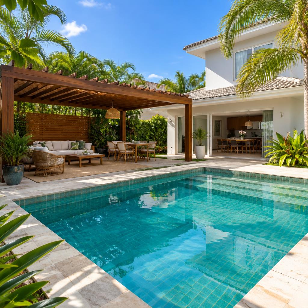 Piscina em área de lazer residencial com pergolado
