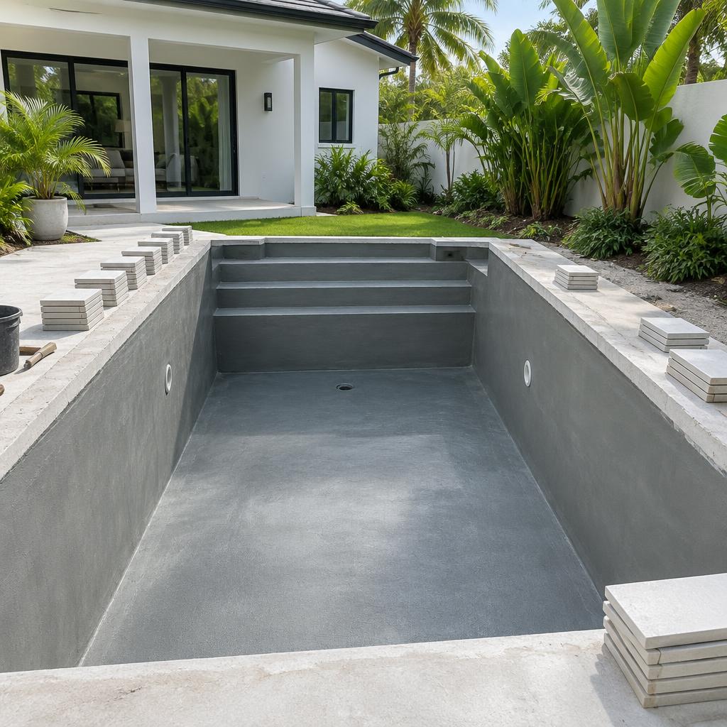 Piscina residencial vazia durante a reforma do revestimento